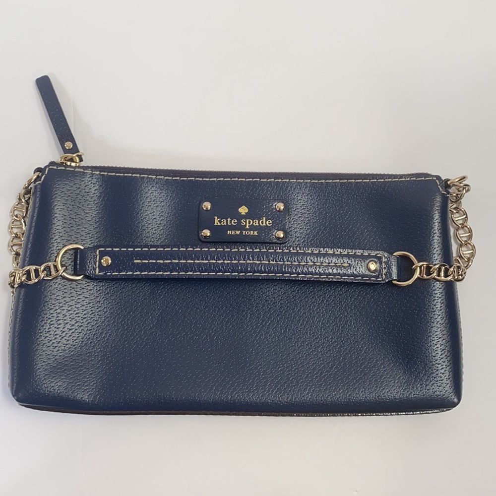 Kate Spade Wellesley Byrd Mini Baguette Leather Shoulder Chain Bag Blue